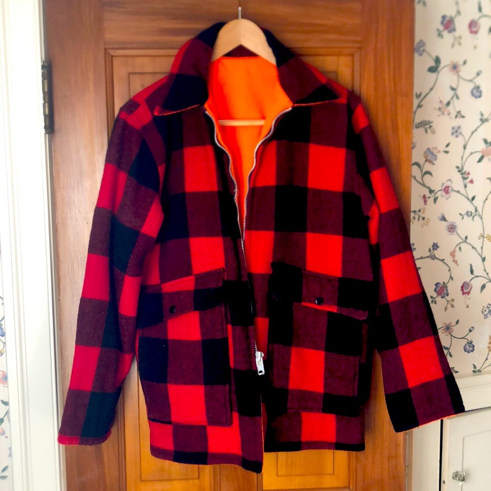 L.L. Bean true vintage reversible hunting jacket buffalo plaid and orange.